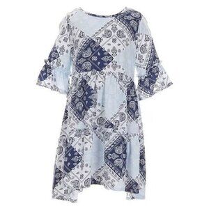 Wrangler Girl's Large Short Sleeve Babydoll Bandana Print Dress Blue